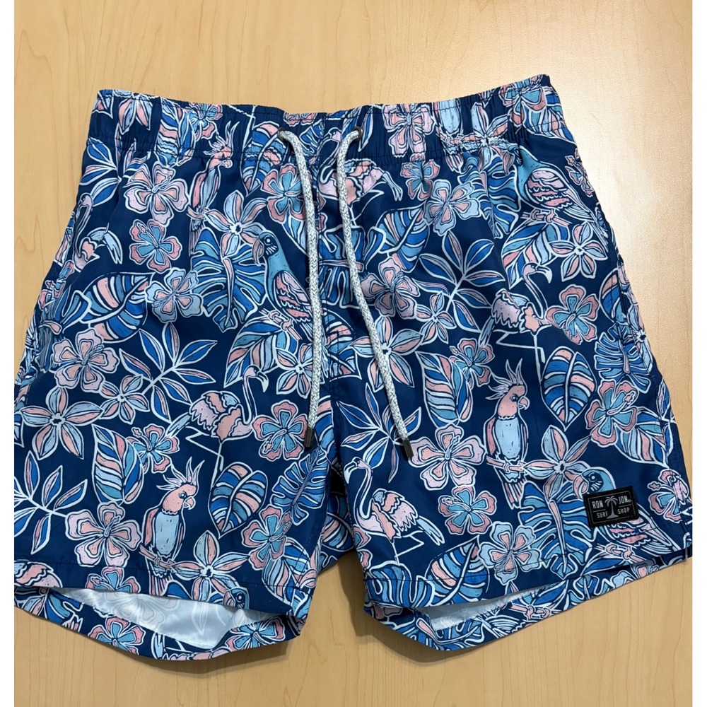 Ron Jon Surf Shop Mens Blue Tropical Parrot Flamingo Swim Trunks Small